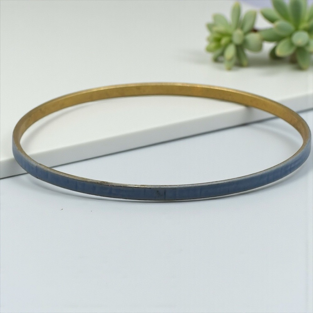Blue Enamel Thin Brass Bangle Bracelet Gold Tone Vintage Dainty Petite Stackable